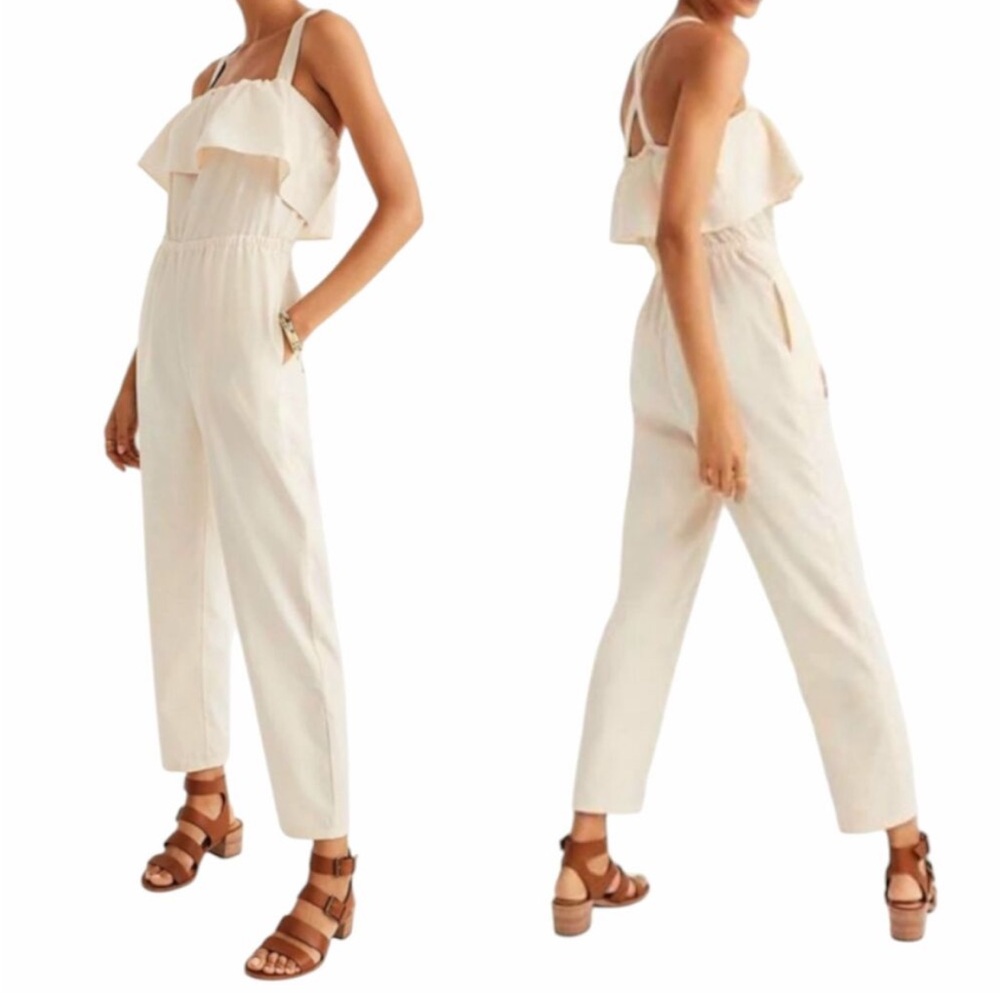 Madewell Jumpsuit LARGE Light Peach Ruffle Linen Sleeveless vacation summer chic